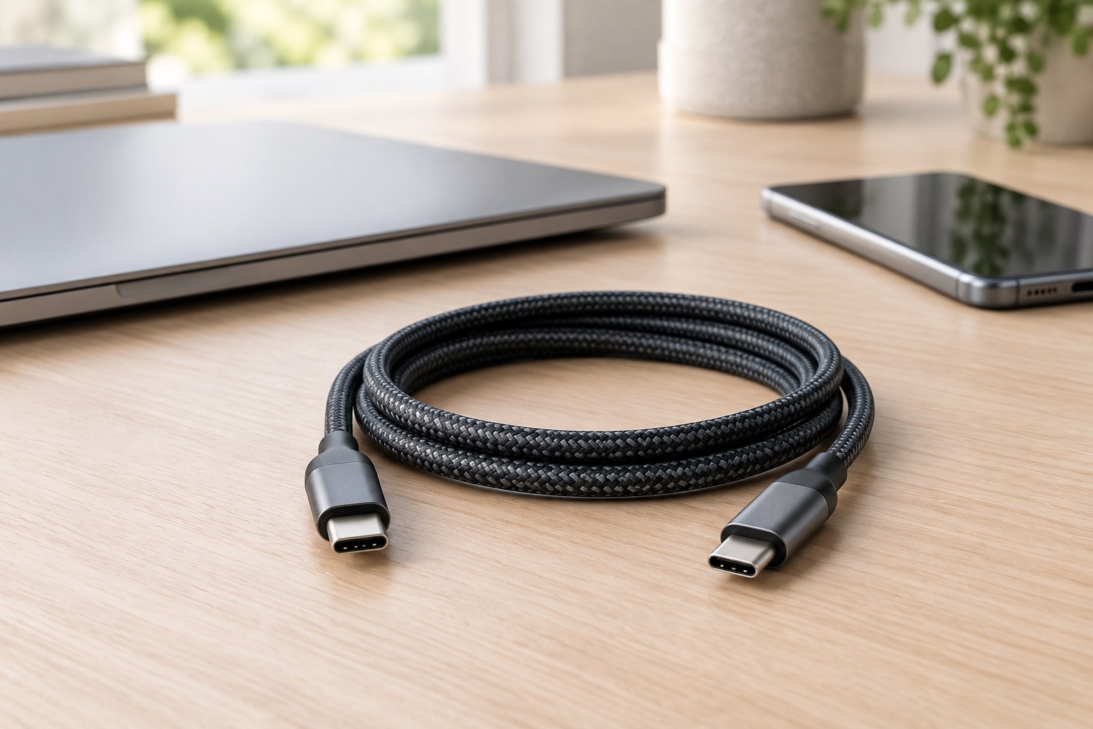 Cavo USB-C arrotolato su una scrivania accanto a un computer e uno smartphone