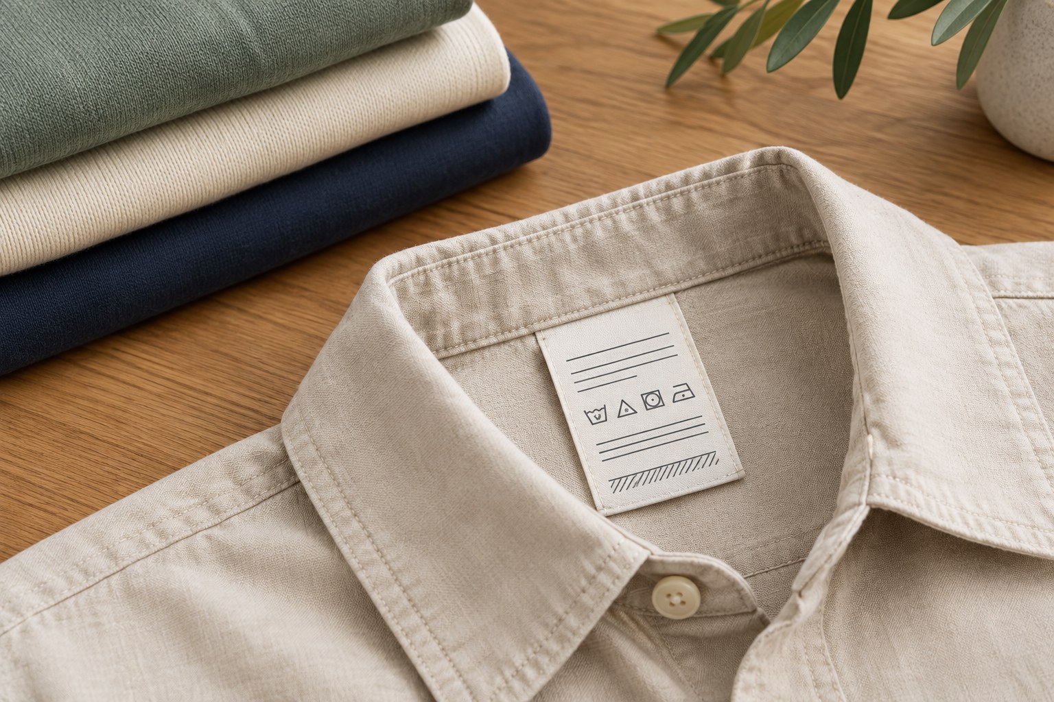Etichetta tessile su una camicia beige accanto a capi piegati