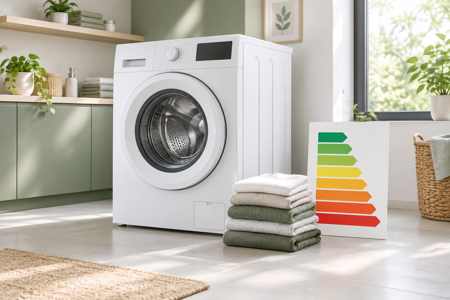 Lavatrice generica in una lavanderia moderna con simboli colorati dell’efficienza energetica