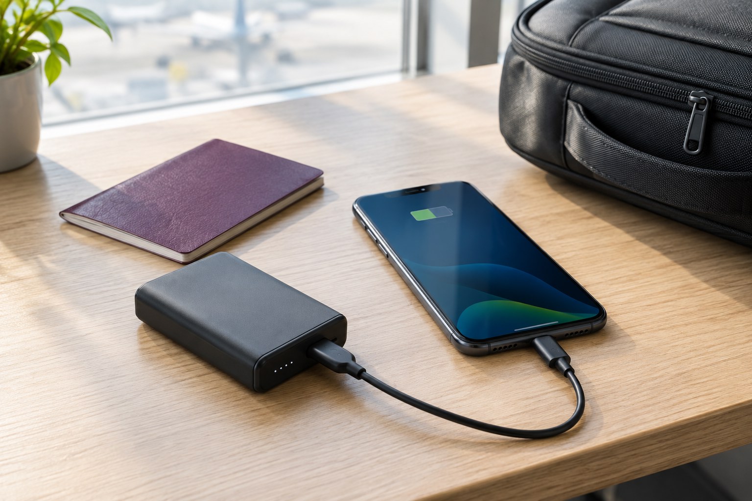 Power bank collegato a uno smartphone accanto a una borsa da viaggio