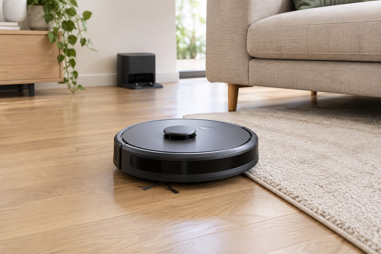 Robot aspirapolvere su un pavimento in legno accanto a un tappeto e a un divano